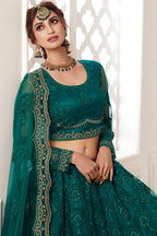 Teal Pakistani Net Lehenga Choli For Indian Festivals & Weddings - Thread Embroidery Work, Codding Embroidery Work, Stone Work