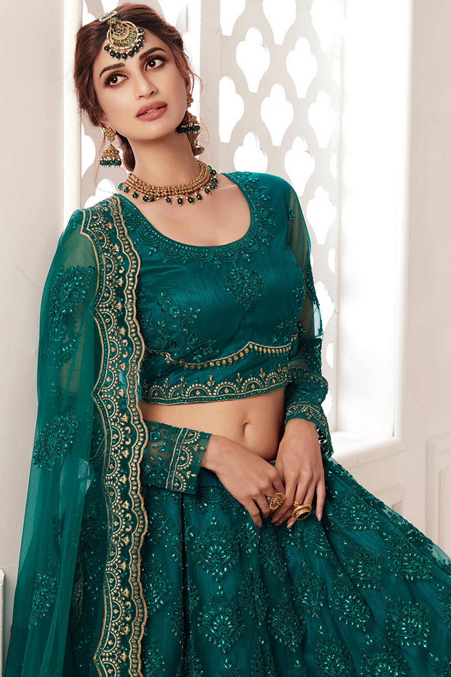 Teal Pakistani Net Lehenga Choli For Indian Festivals & Weddings - Thread Embroidery Work, Codding Embroidery Work, Stone Work