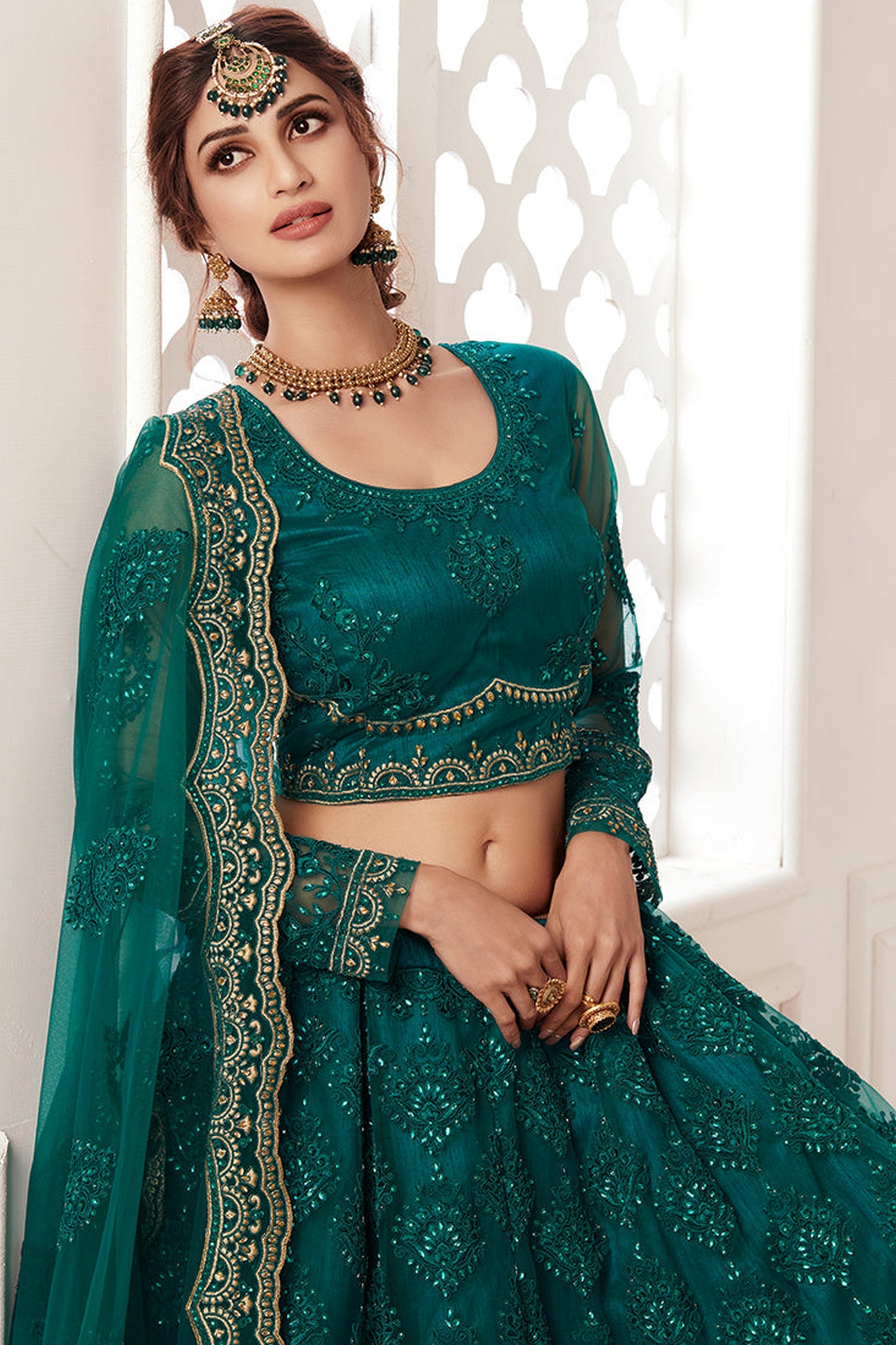 Teal Pakistani Net Lehenga Choli For Indian Festivals & Weddings - Thread Embroidery Work, Codding Embroidery Work, Stone Work