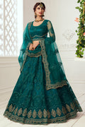 Teal Pakistani Net Lehenga Choli For Indian Festivals & Weddings - Thread Embroidery Work, Codding Embroidery Work, Stone Work