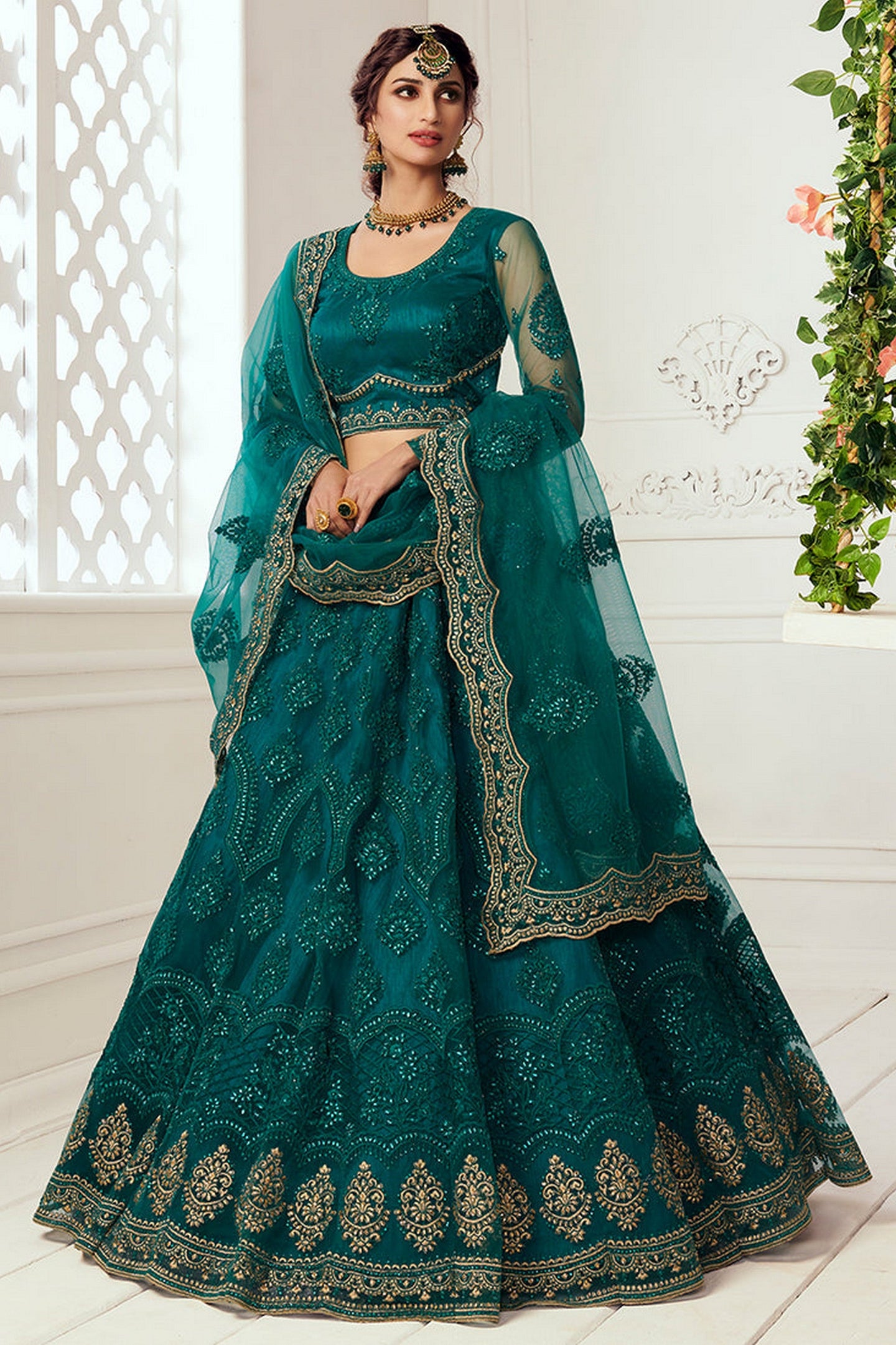 Teal Pakistani Net Lehenga Choli For Indian Festivals & Weddings - Thread Embroidery Work, Codding Embroidery Work, Stone Work