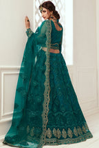 Teal Pakistani Net Lehenga Choli For Indian Festivals & Weddings - Thread Embroidery Work, Codding Embroidery Work, Stone Work