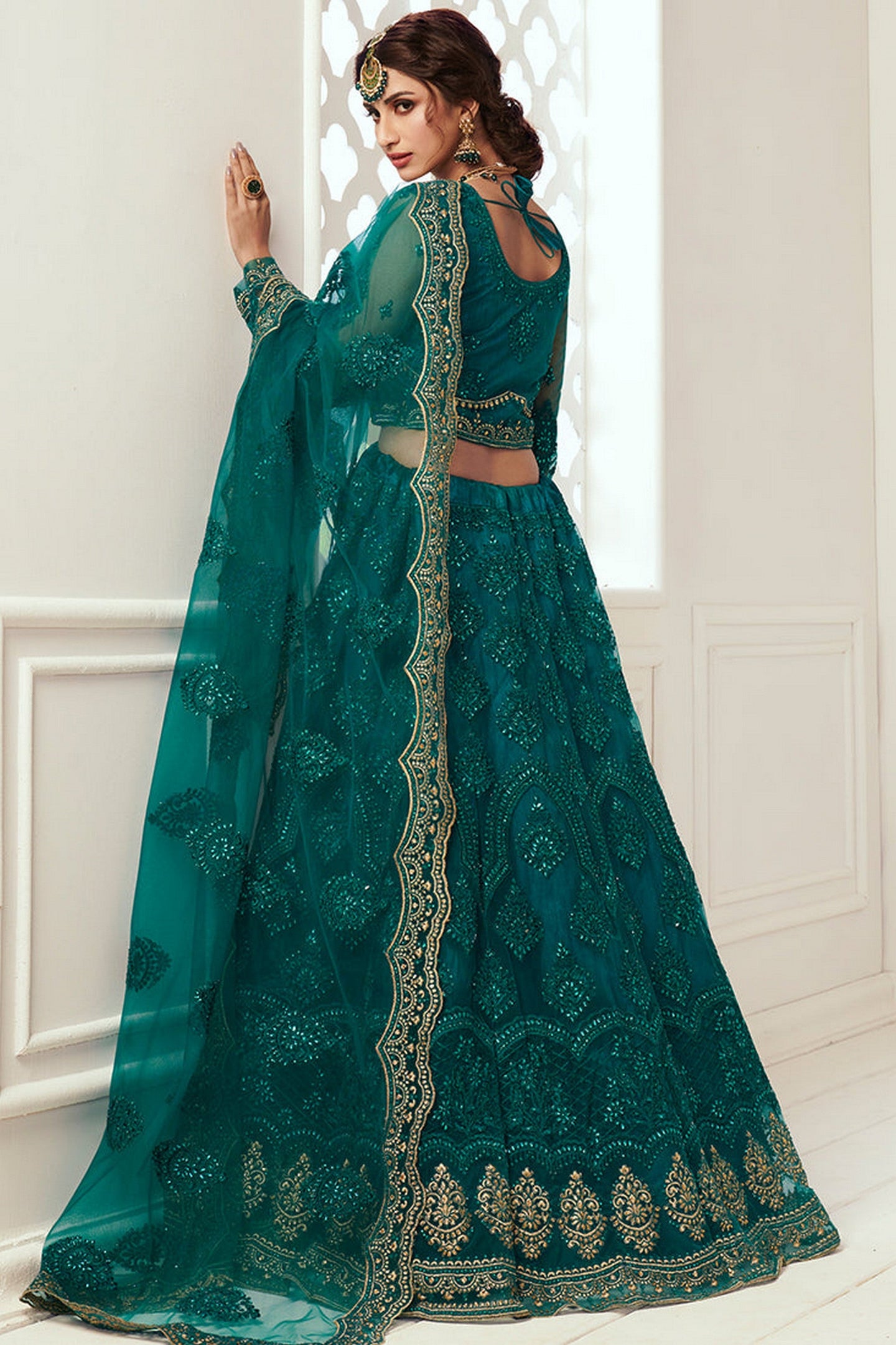 Teal Pakistani Net Lehenga Choli For Indian Festivals & Weddings - Thread Embroidery Work, Codding Embroidery Work, Stone Work