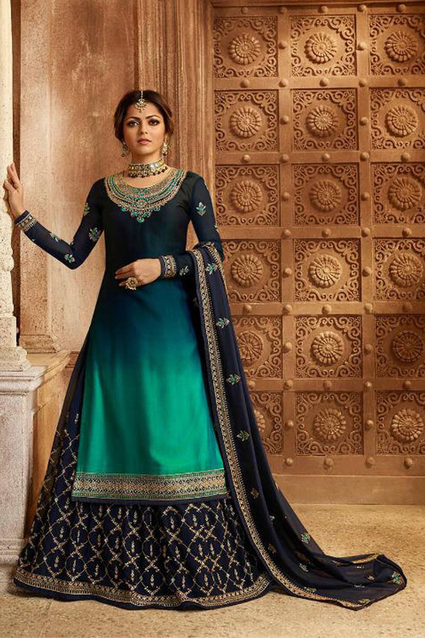 Teal Pakistani Satin Georgette Salwar Kameez For Wedding & Festival - Embroidery Work