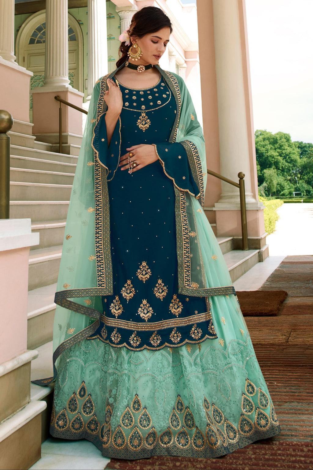 Teal Pakistani Satin Georgette Salwar Kameez For Wedding & Festival - Embroidery Work