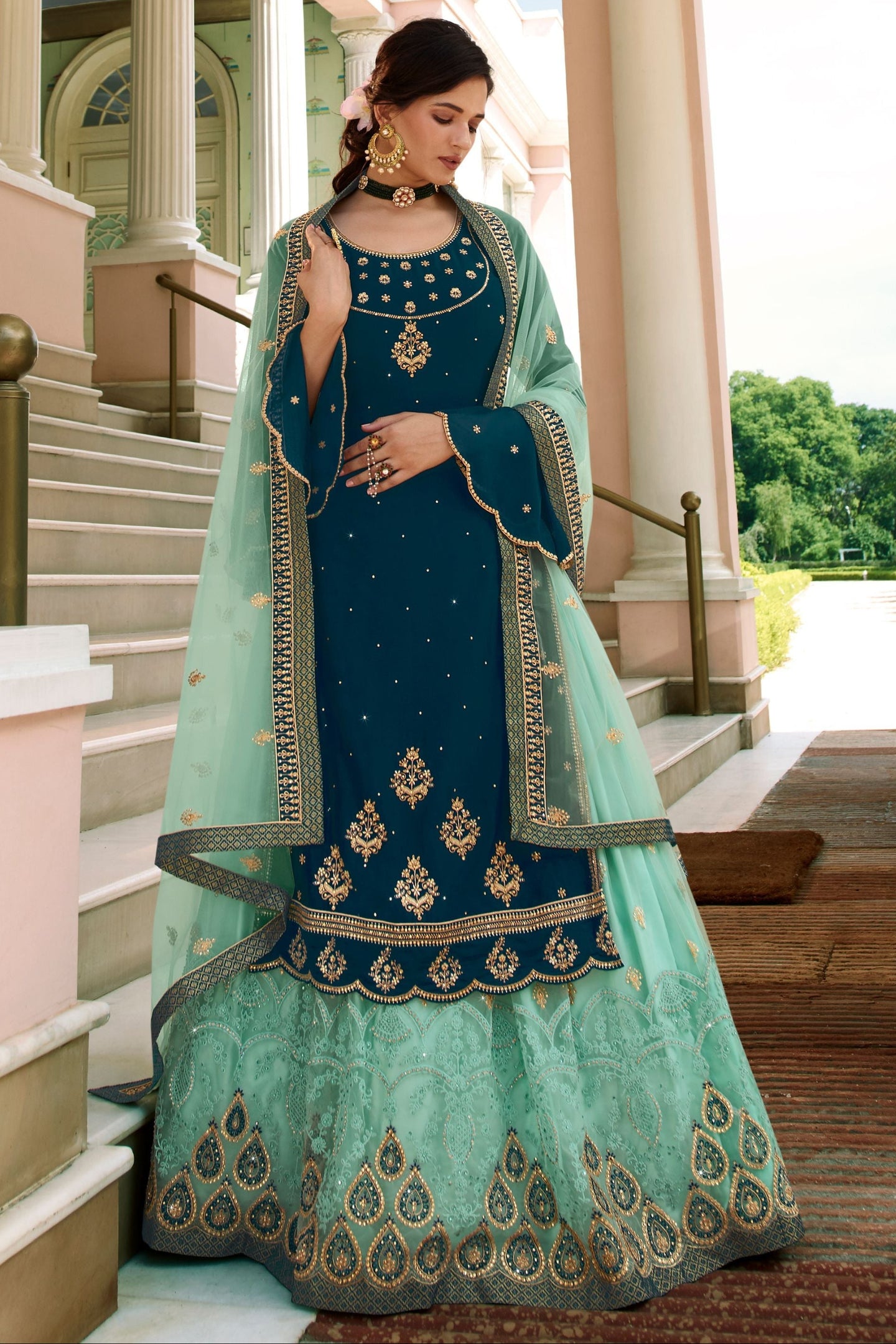 Teal Pakistani Satin Georgette Salwar Kameez For Wedding & Festival - Embroidery Work
