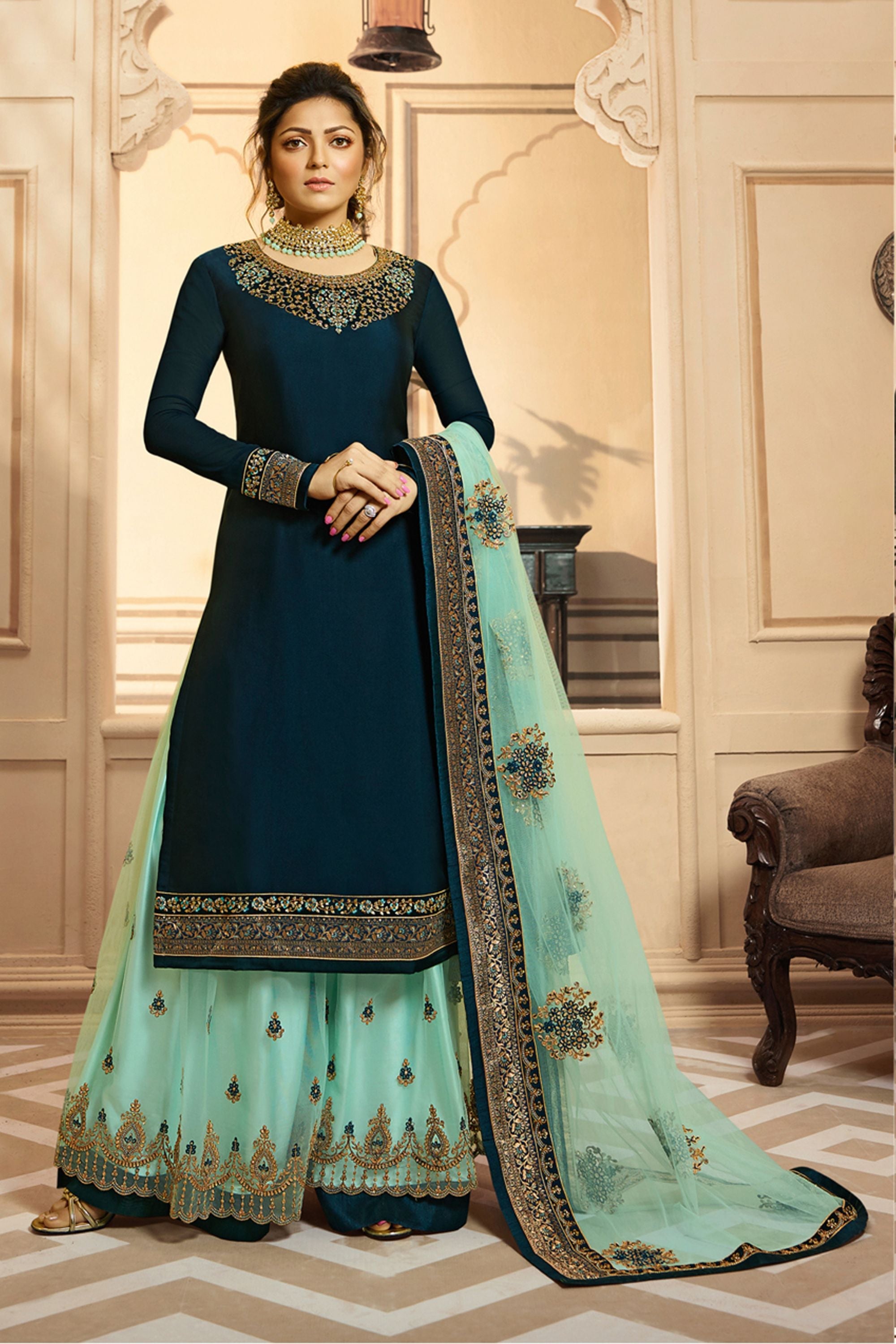Teal Pakistani Satin Georgette Salwar Kameez For Wedding & Festival - Embroidery Work