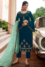 Teal Blue Satin Georgette Kameez Pant For Indian & Pakistani Wedding Festival - Embroidery Work 1150