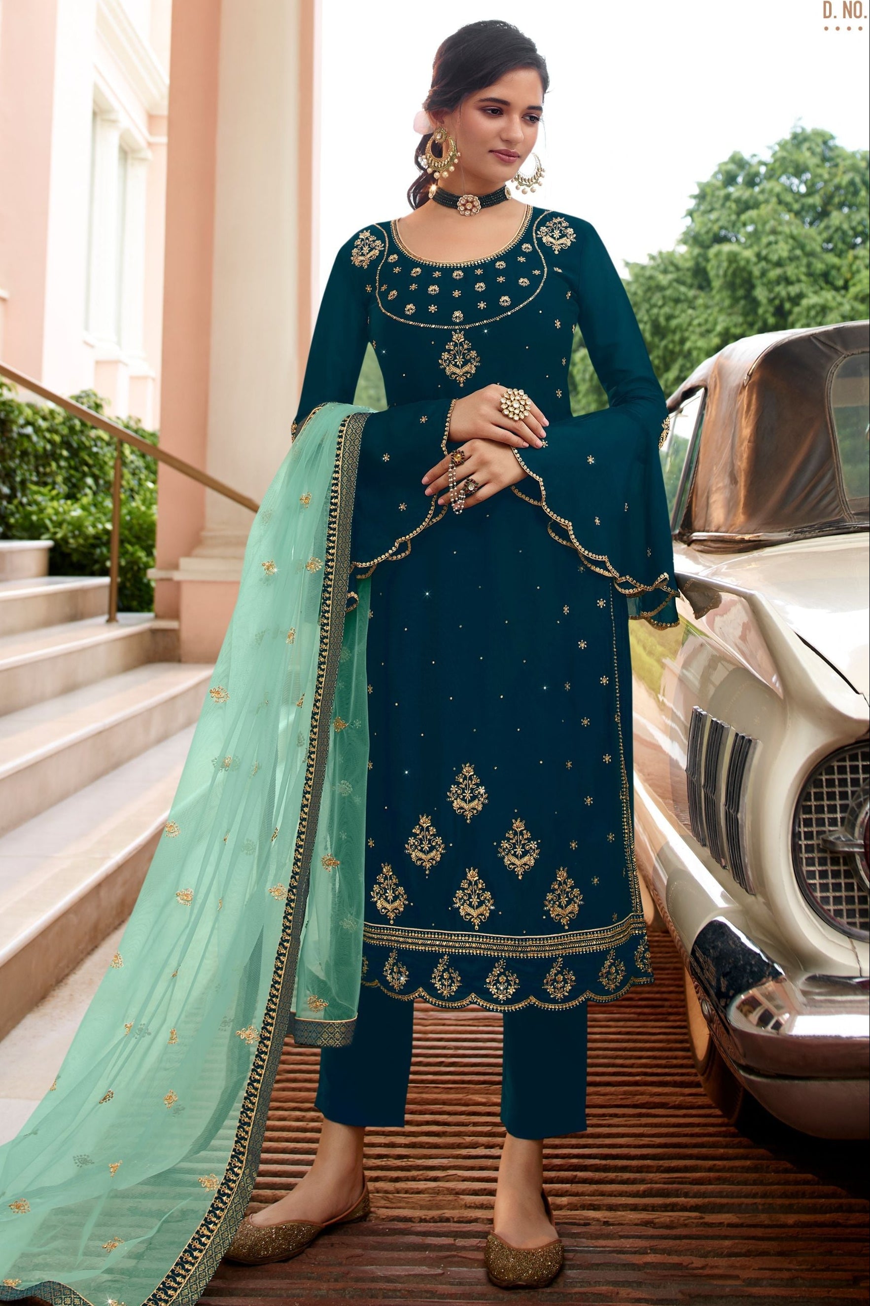Teal Pakistani Satin Georgette Salwar Kameez For Wedding & Festival - Embroidery Work