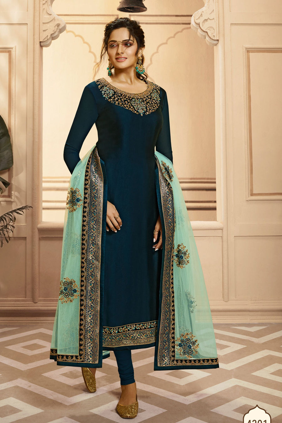 Teal Pakistani Satin Georgette Salwar Kameez For Wedding & Festival - Embroidery Work