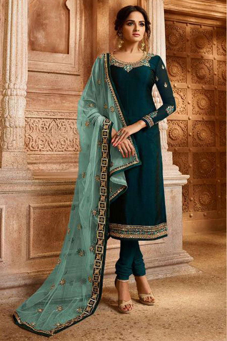 Teal Pakistani Satin Georgette Salwar Kameez For Wedding & Festival - Embroidery Work