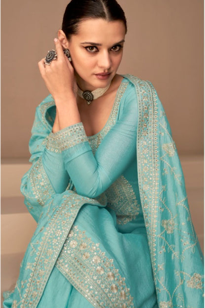 Turquoise Pakistani Silk Salwar Kameez For Indian Festivals & Weddings - Thread Embroidery Work,