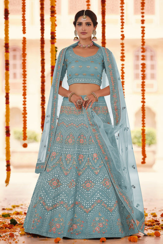 Turquoise Pakistani Organza Lehenga Choli For Indian Festivals & Weddings - Thread Embroidery Work, Zarkan Work