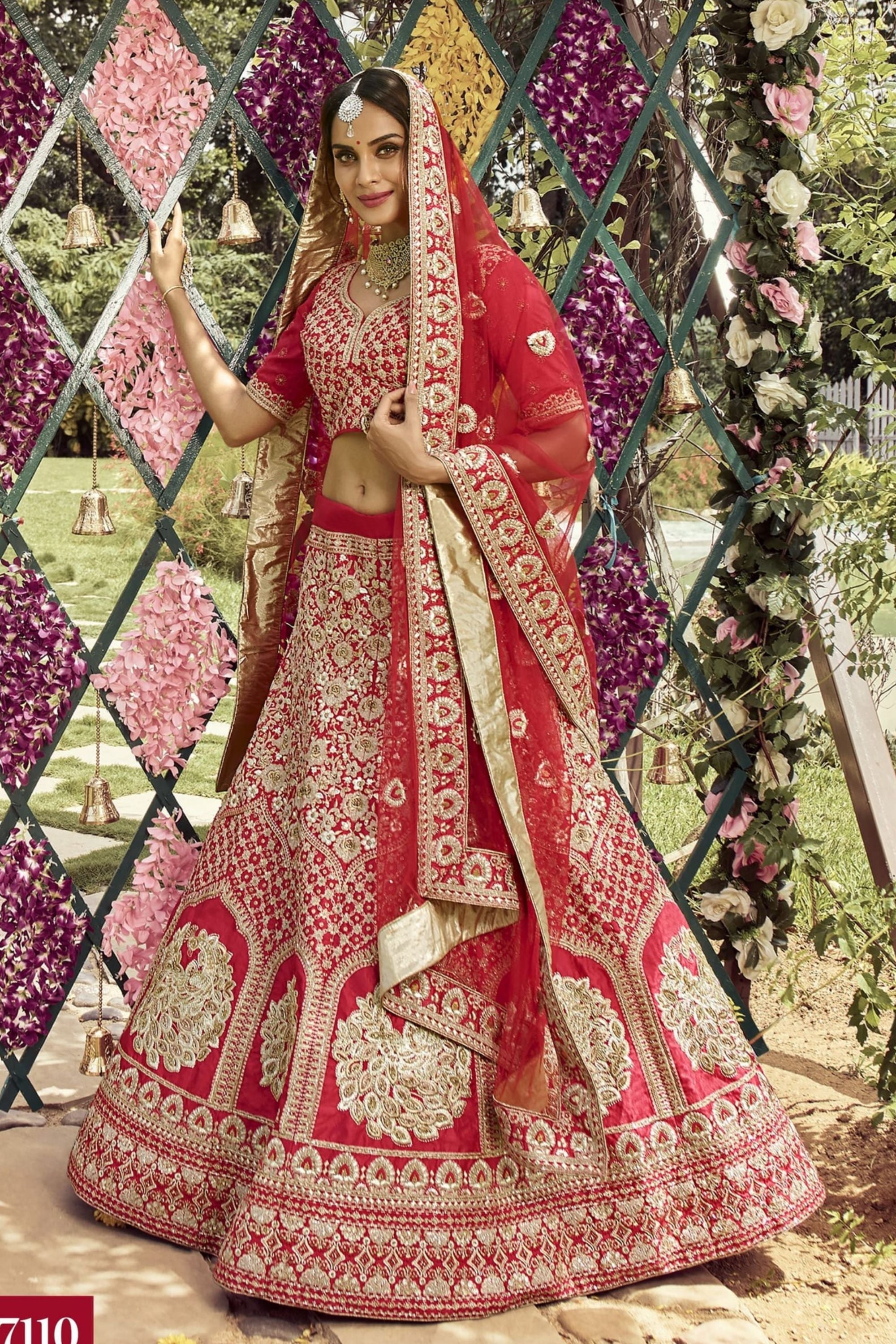Red Pakistani Raw Silk Lehenga Choli For Indian Festivals & Weddings - , Zari Work, Dori Work, Zarkan Work
