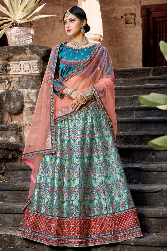 Sky Blue Pakistani Satin Lehenga Choli For Indian Festivals & Weddings - Resham Embroidery Work, Stone Work, Zari Work, Pearl Work
