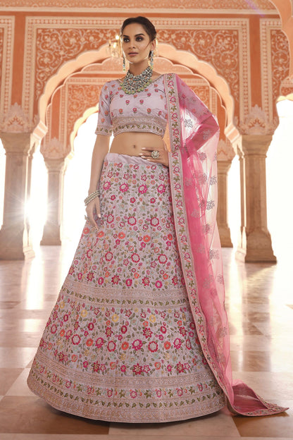 Grey Pakistani Crepe Lehenga Choli For Indian Festivals & Weddings - Thread Embroidery Work, Zari Work, Zarkan Work