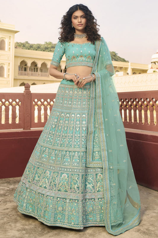 Turquoise Pakistani Organza Lehenga Choli For Indian Festivals & Weddings - Sequence Embroidery Work, Resham Embroidery Work, Zari Work, Dori Work, Zarkan Work