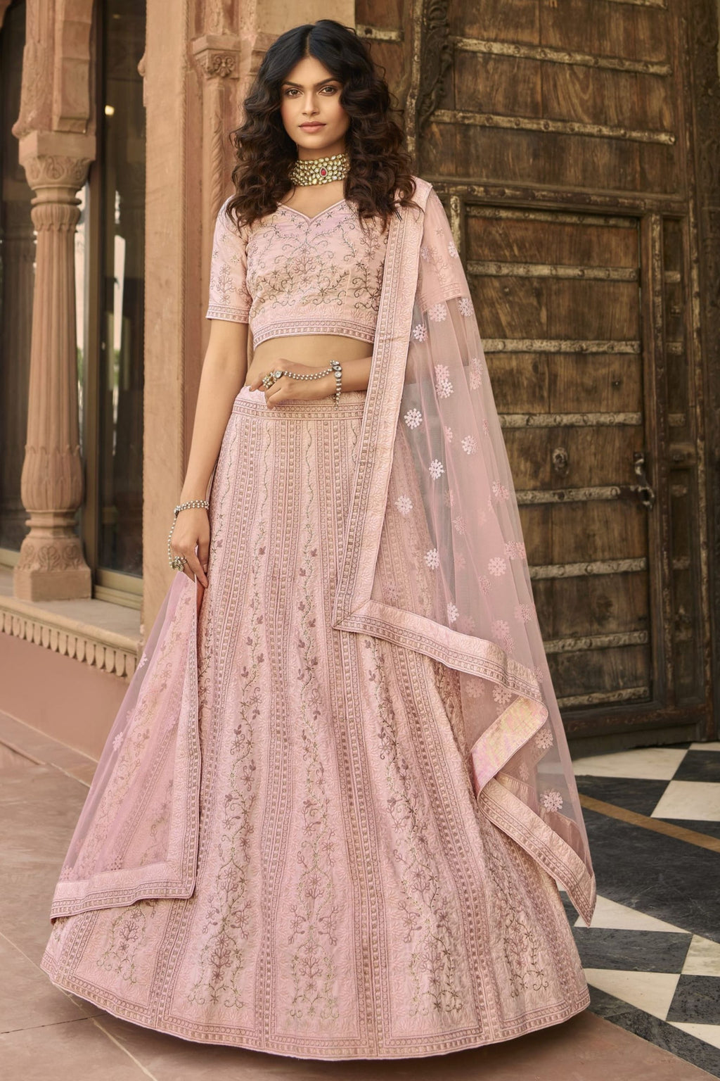 Baby Pink Pakistani Satin Lehenga Choli For Indian Festivals & Weddings - Sequence Embroidery Work, Thread Embroidery Work, Zari Work