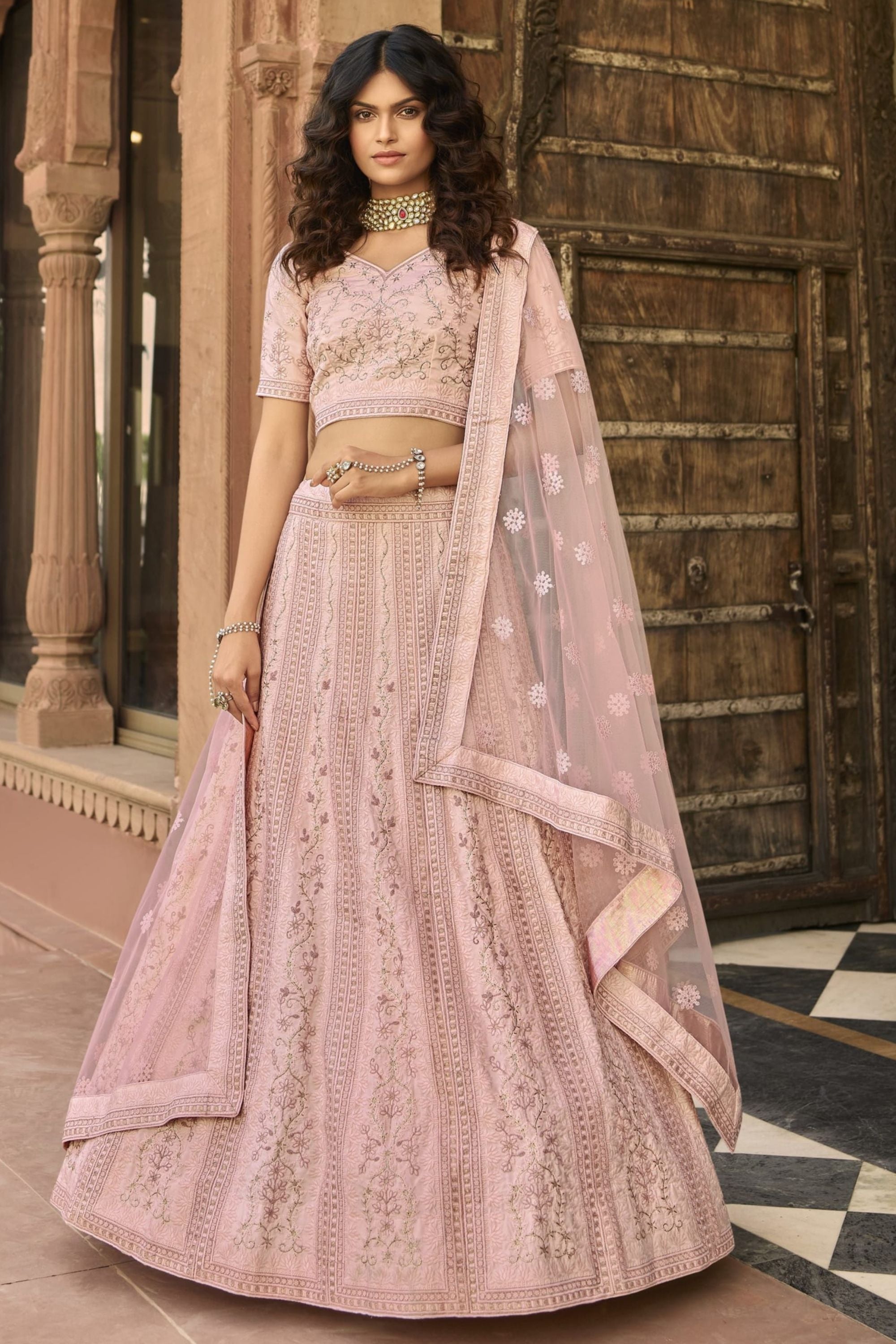 Baby Pink Pakistani Satin Lehenga Choli For Indian Festivals & Weddings - Sequence Embroidery Work, Thread Embroidery Work, Zari Work