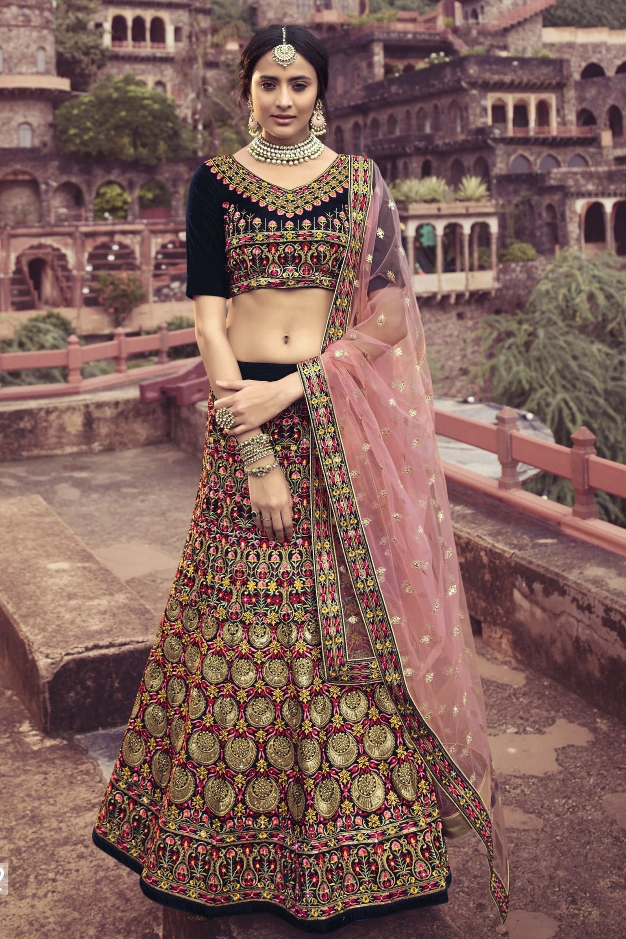 Navy Blue Pakistani Velvet Lehenga Choli For Indian Festivals & Weddings - Sequence Embroidery Work, Thread Embroidery Work, Zari Work, Zarkan Work