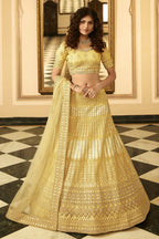Yellow Pakistani Organza Lehenga Choli For Indian Festivals & Weddings - Thread Embroidery Work, Zari Work, Zarkan Work