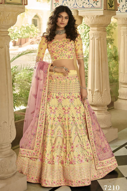 Yellow Pakistani Art Silk Lehenga Choli For Indian Festivals & Weddings - Sequence Embroidery Work, Zari Work, Swarovski Work, Zarkan Work