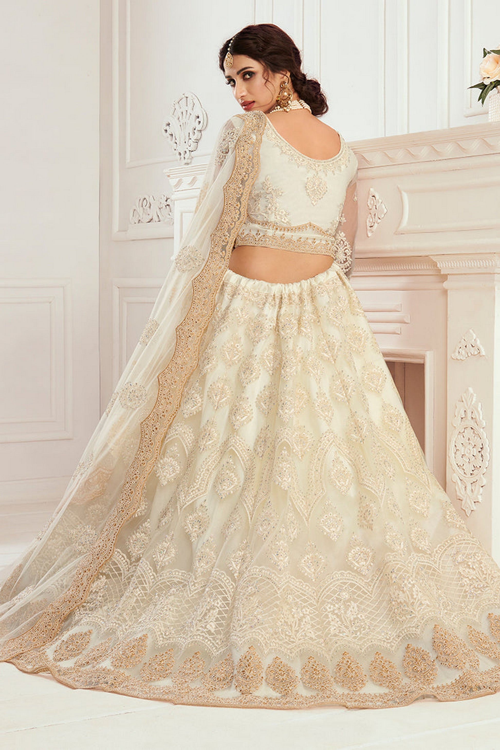 White Pakistani Net Lehenga Choli For Indian Festivals & Weddings - Thread Embroidery Work, Codding Embroidery Work, Stone Work