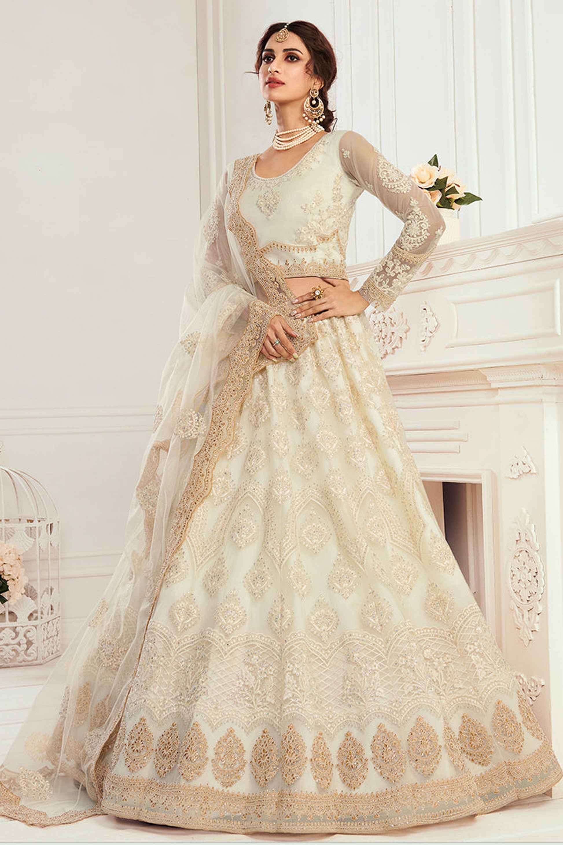 White Pakistani Net Lehenga Choli For Indian Festivals & Weddings - Thread Embroidery Work, Codding Embroidery Work, Stone Work