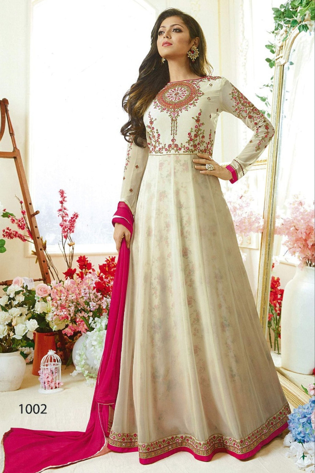 White Pakistani Georgette Anarkali Gown For Wedding & Festival - Embroidery Work