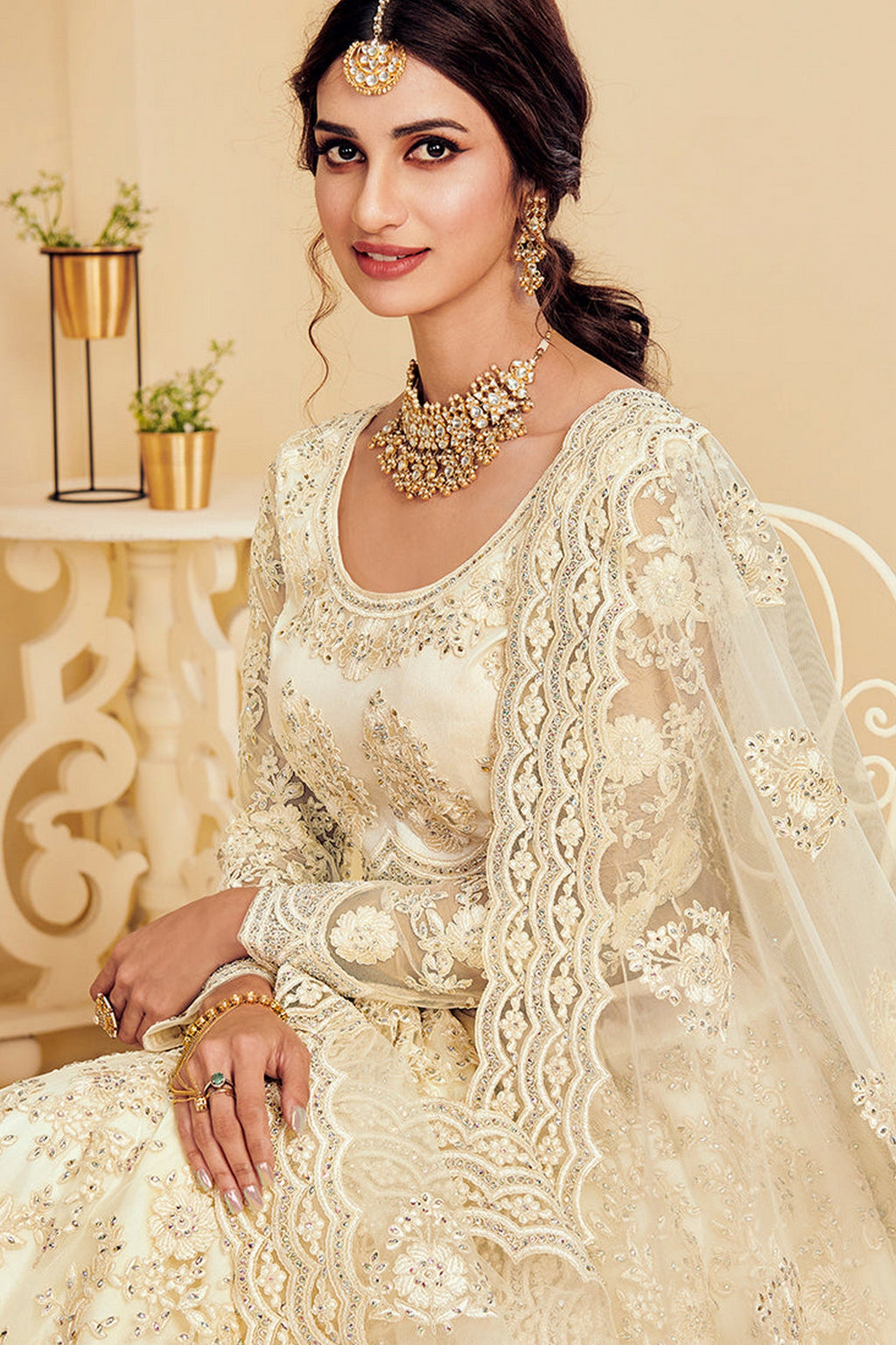 White Pakistani Net Lehenga Choli For Indian Festivals & Weddings - Thread Embroidery Work, Codding Embroidery Work, Butta Work, Stone Work