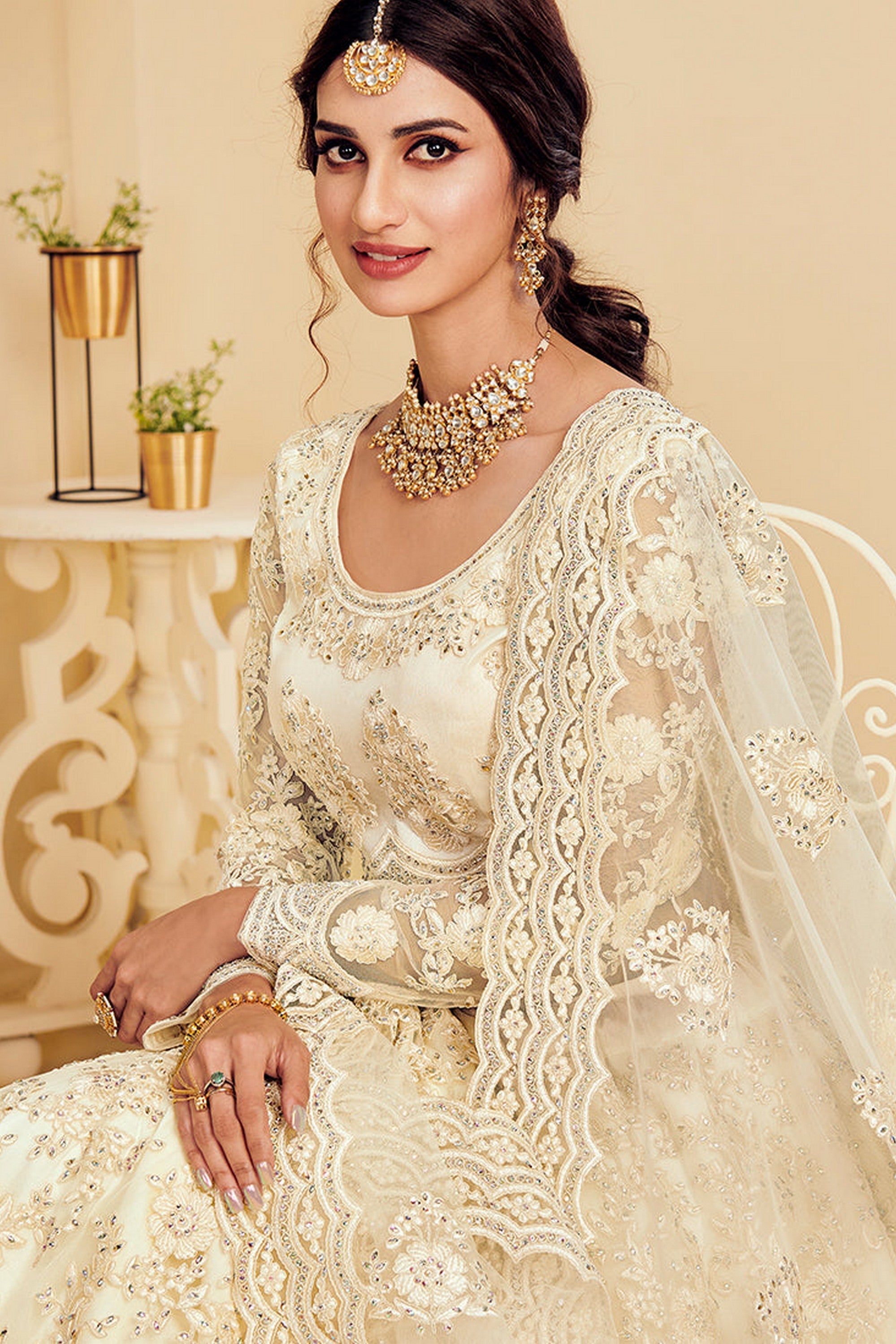 White Pakistani Net Lehenga Choli For Indian Festivals & Weddings - Thread Embroidery Work, Codding Embroidery Work, Butta Work, Stone Work