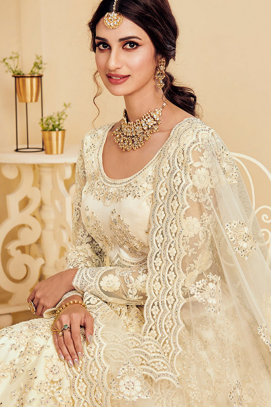 White Pakistani Net Lehenga Choli For Indian Festivals & Weddings - Thread Embroidery Work, Codding Embroidery Work, Butta Work, Stone Work