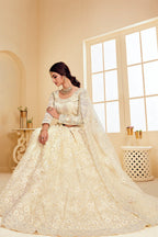 White Pakistani Net Lehenga Choli For Indian Festivals & Weddings - Thread Embroidery Work, Codding Embroidery Work, Butta Work, Stone Work