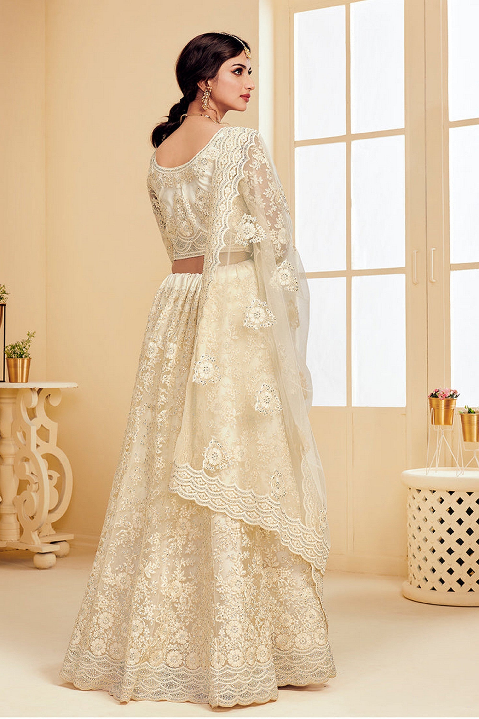 White Pakistani Net Lehenga Choli For Indian Festivals & Weddings - Thread Embroidery Work, Codding Embroidery Work, Butta Work, Stone Work