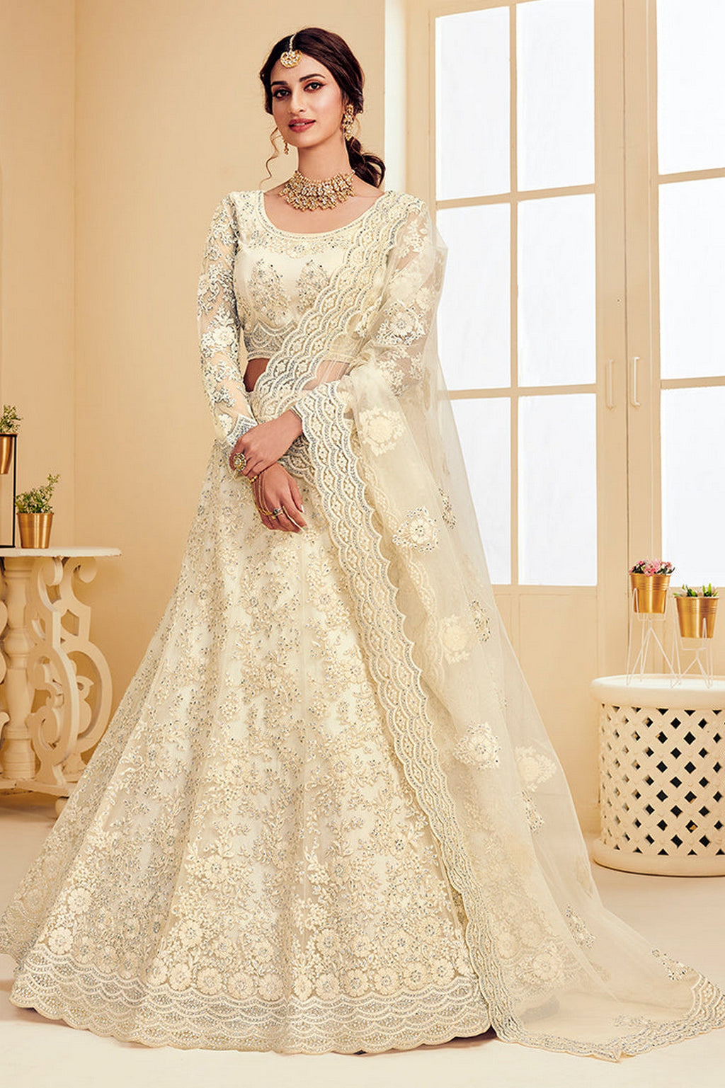 White Pakistani Net Lehenga Choli For Indian Festivals & Weddings - Thread Embroidery Work, Codding Embroidery Work, Butta Work, Stone Work