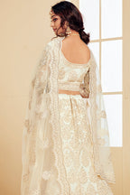 White Pakistani Net Lehenga Choli For Indian Festivals & Weddings - Thread Embroidery Work, Codding Embroidery Work, Stone Work