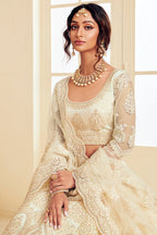 White Pakistani Net Lehenga Choli For Indian Festivals & Weddings - Thread Embroidery Work, Codding Embroidery Work, Stone Work