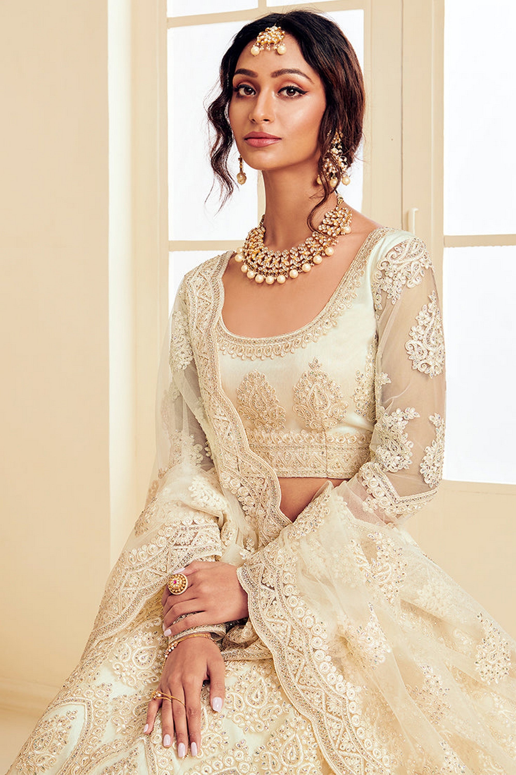 White Pakistani Net Lehenga Choli For Indian Festivals & Weddings - Thread Embroidery Work, Codding Embroidery Work, Stone Work