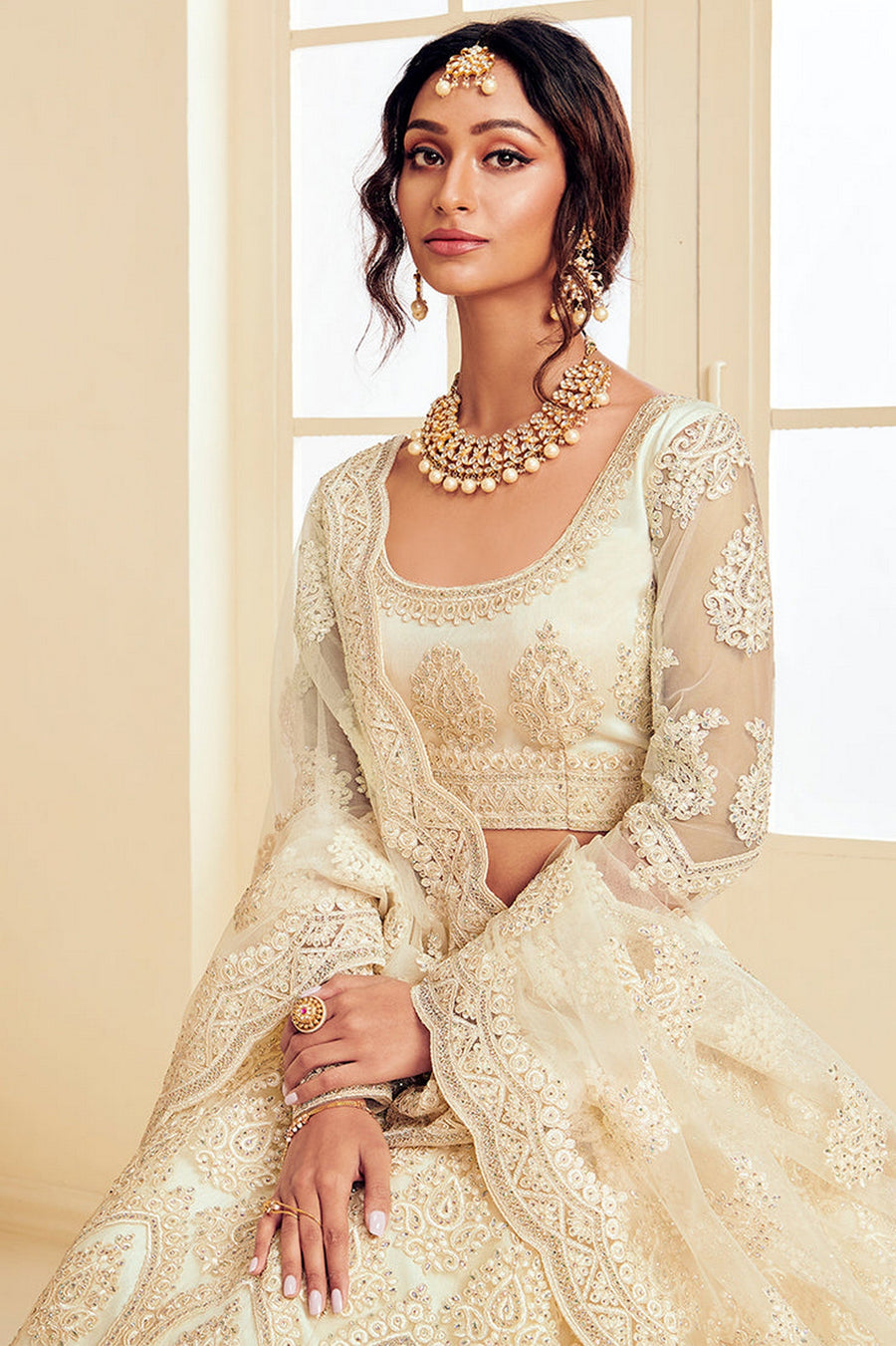 White Pakistani Net Lehenga Choli For Indian Festivals & Weddings - Thread Embroidery Work, Codding Embroidery Work, Stone Work