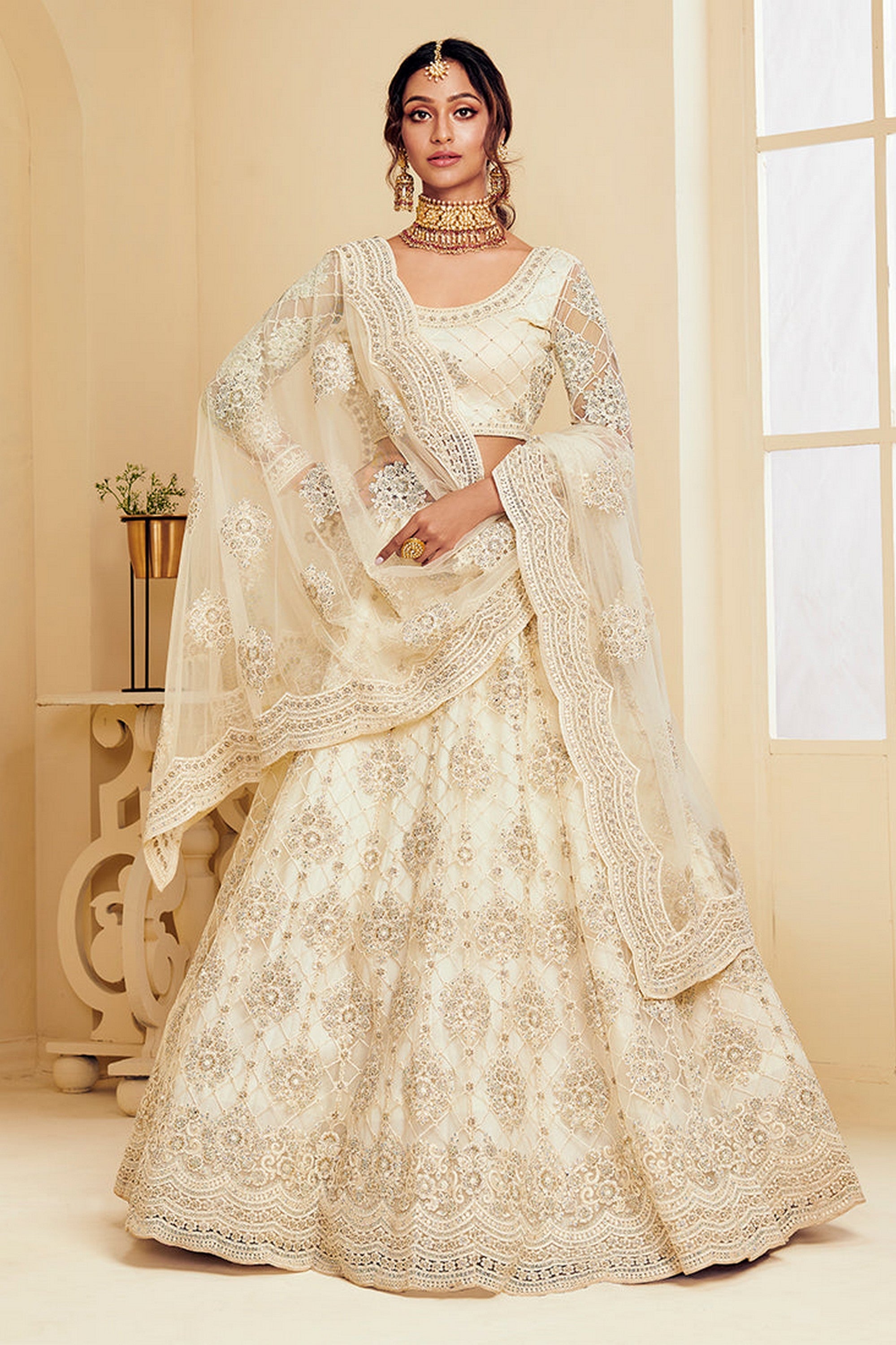 White Pakistani Net Lehenga Choli For Indian Festivals & Weddings - Thread Embroidery Work, Codding Embroidery Work, Stone Work