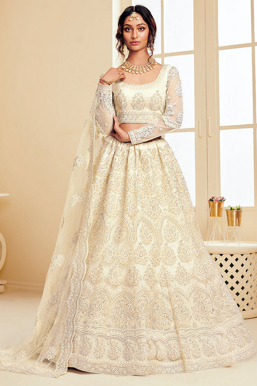 White Pakistani Net Lehenga Choli For Indian Festivals & Weddings - Thread Embroidery Work, Codding Embroidery Work, Stone Work