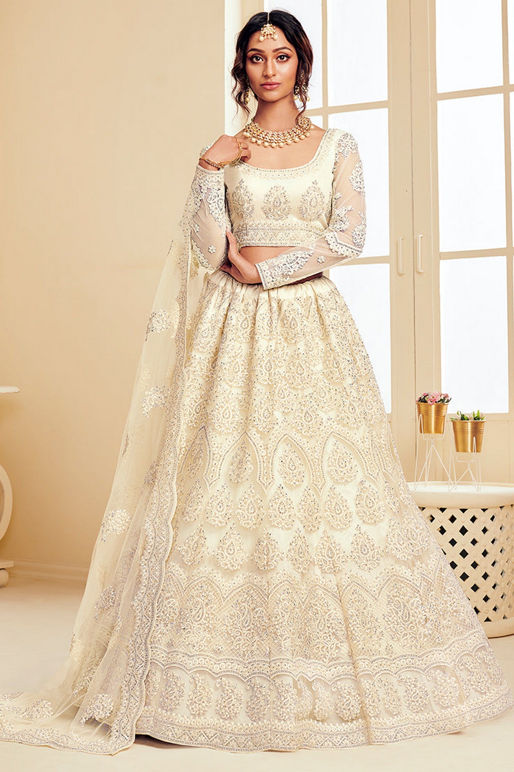 White Pakistani Net Lehenga Choli For Indian Festivals & Weddings - Thread Embroidery Work, Codding Embroidery Work, Stone Work