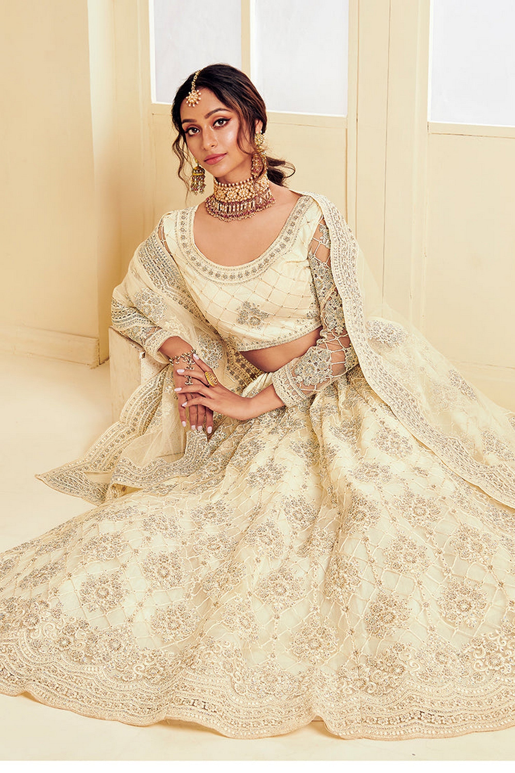 White Pakistani Net Lehenga Choli For Indian Festivals & Weddings - Thread Embroidery Work, Codding Embroidery Work, Stone Work