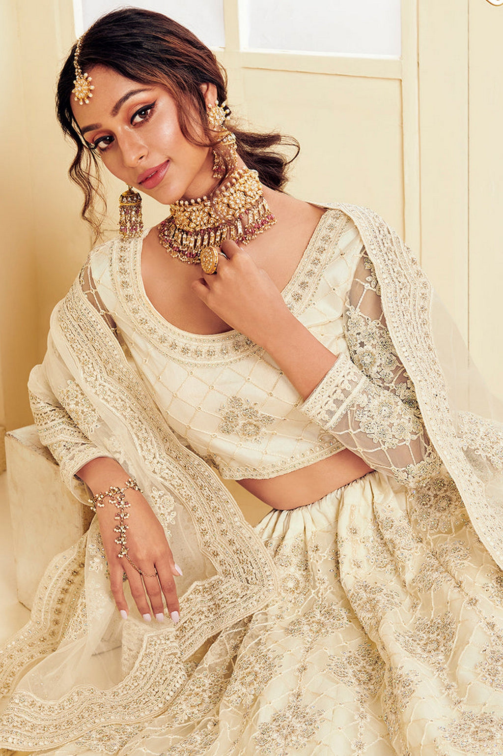 White Pakistani Net Lehenga Choli For Indian Festivals & Weddings - Thread Embroidery Work, Codding Embroidery Work, Stone Work