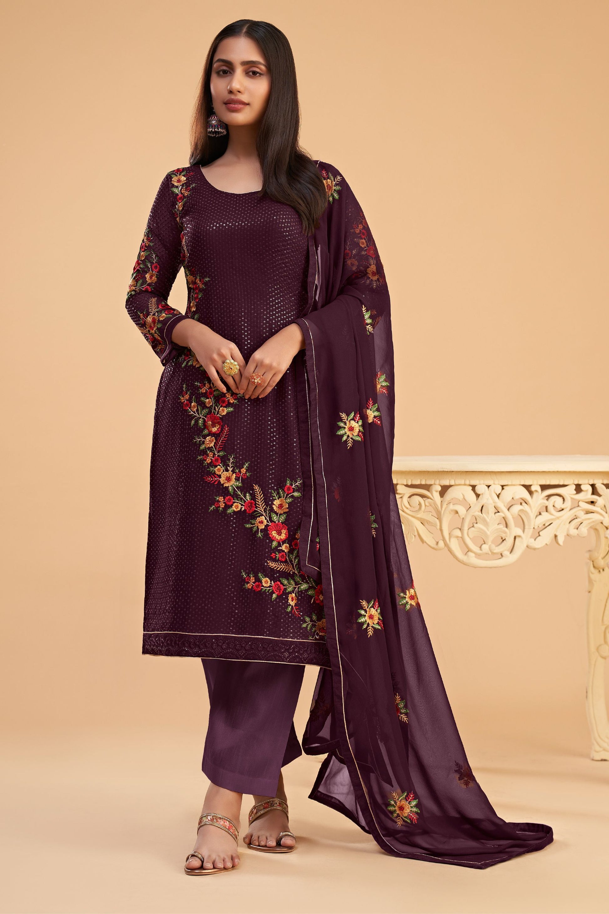 Wine Pakistani Georgette Salwar Kameez For Indian Festivals & Weddings - Sequence Embroidery Work, Thread Embroidery Work, Zari Work