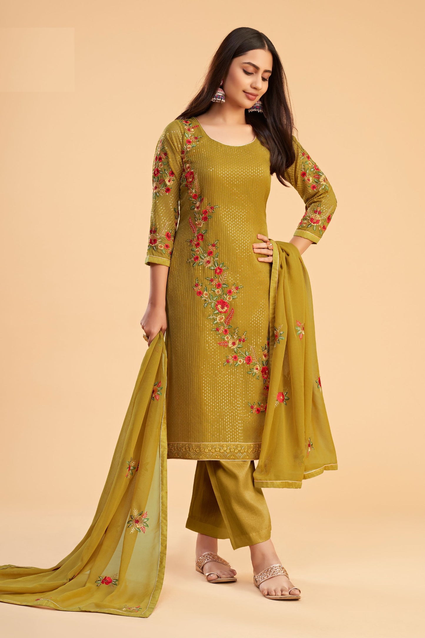 Wine Pakistani Georgette Salwar Kameez For Indian Festivals & Weddings - Sequence Embroidery Work, Thread Embroidery Work, Zari Work