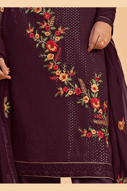 Wine Pakistani Georgette Salwar Kameez For Indian Festivals & Weddings - Sequence Embroidery Work, Thread Embroidery Work, Zari Work