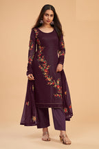 Wine Pakistani Georgette Salwar Kameez For Indian Festivals & Weddings - Sequence Embroidery Work, Thread Embroidery Work, Zari Work