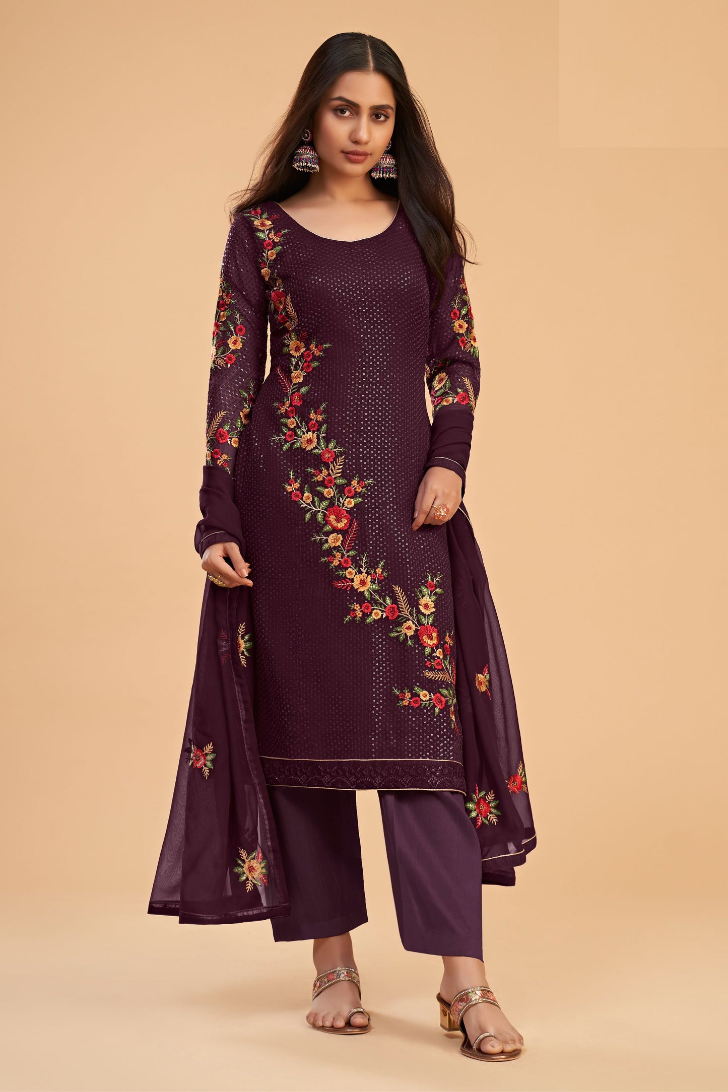 Wine Pakistani Georgette Salwar Kameez For Indian Festivals & Weddings - Sequence Embroidery Work, Thread Embroidery Work, Zari Work