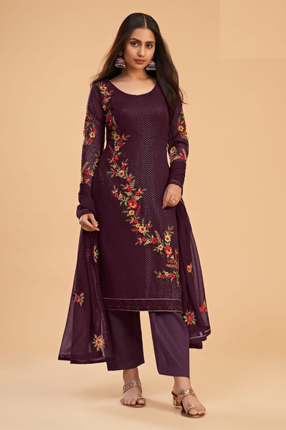 Wine Pakistani Georgette Salwar Kameez For Indian Festivals & Weddings - Sequence Embroidery Work, Thread Embroidery Work, Zari Work